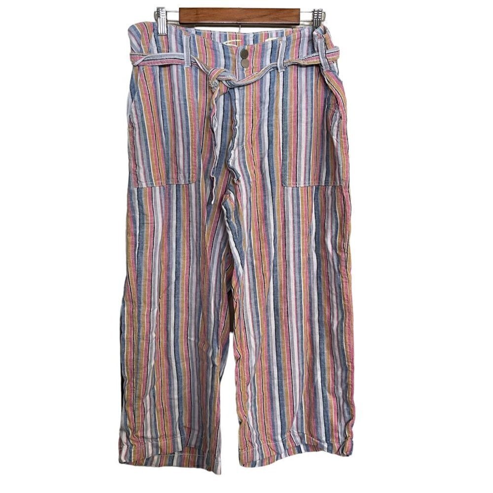 Seven7 Womens Blue Pink Belt Linen Viscose High Rise Wide Leg Crop Pants Size 12